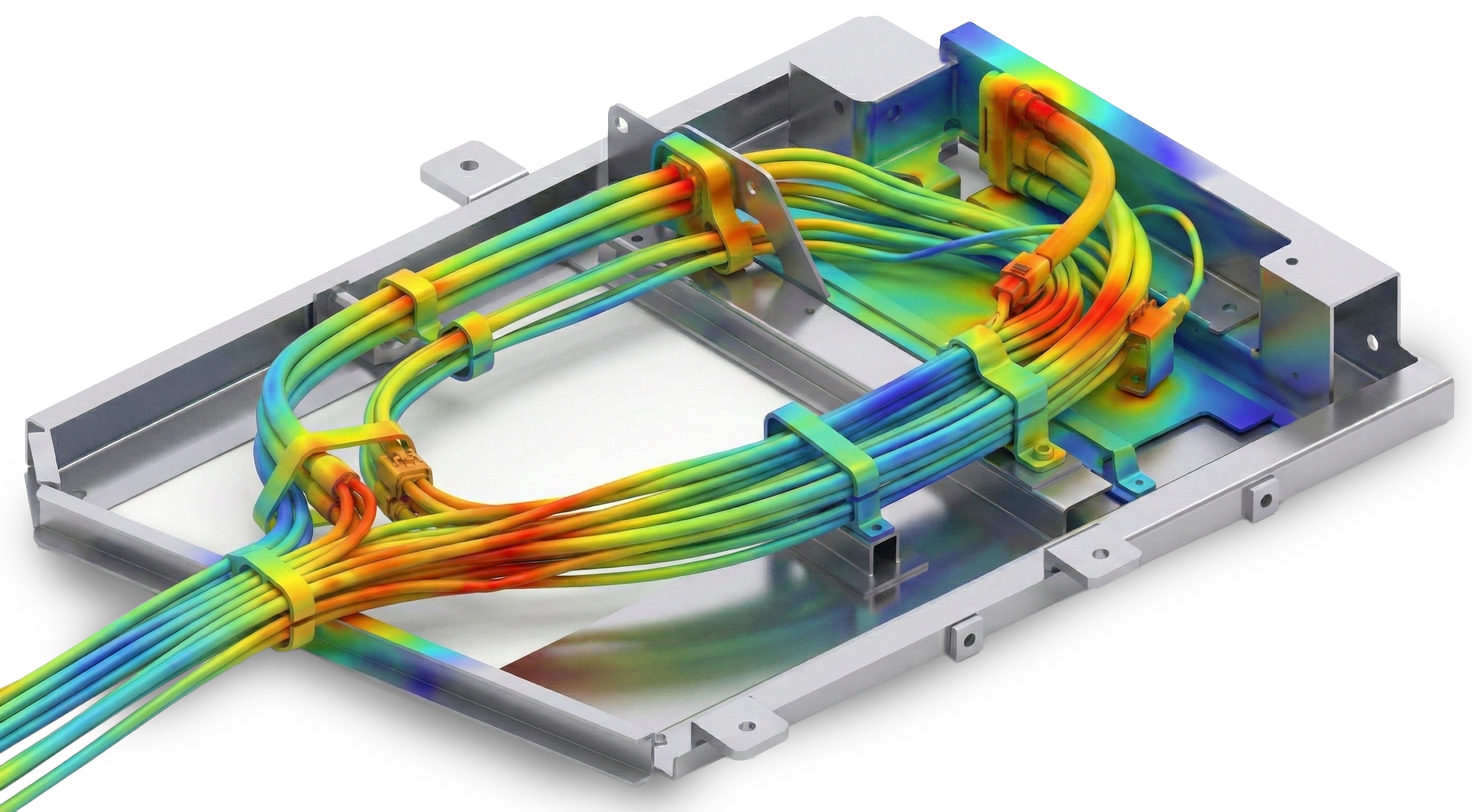 Cables inside a metal structure with thermal mapping visualization of flow.