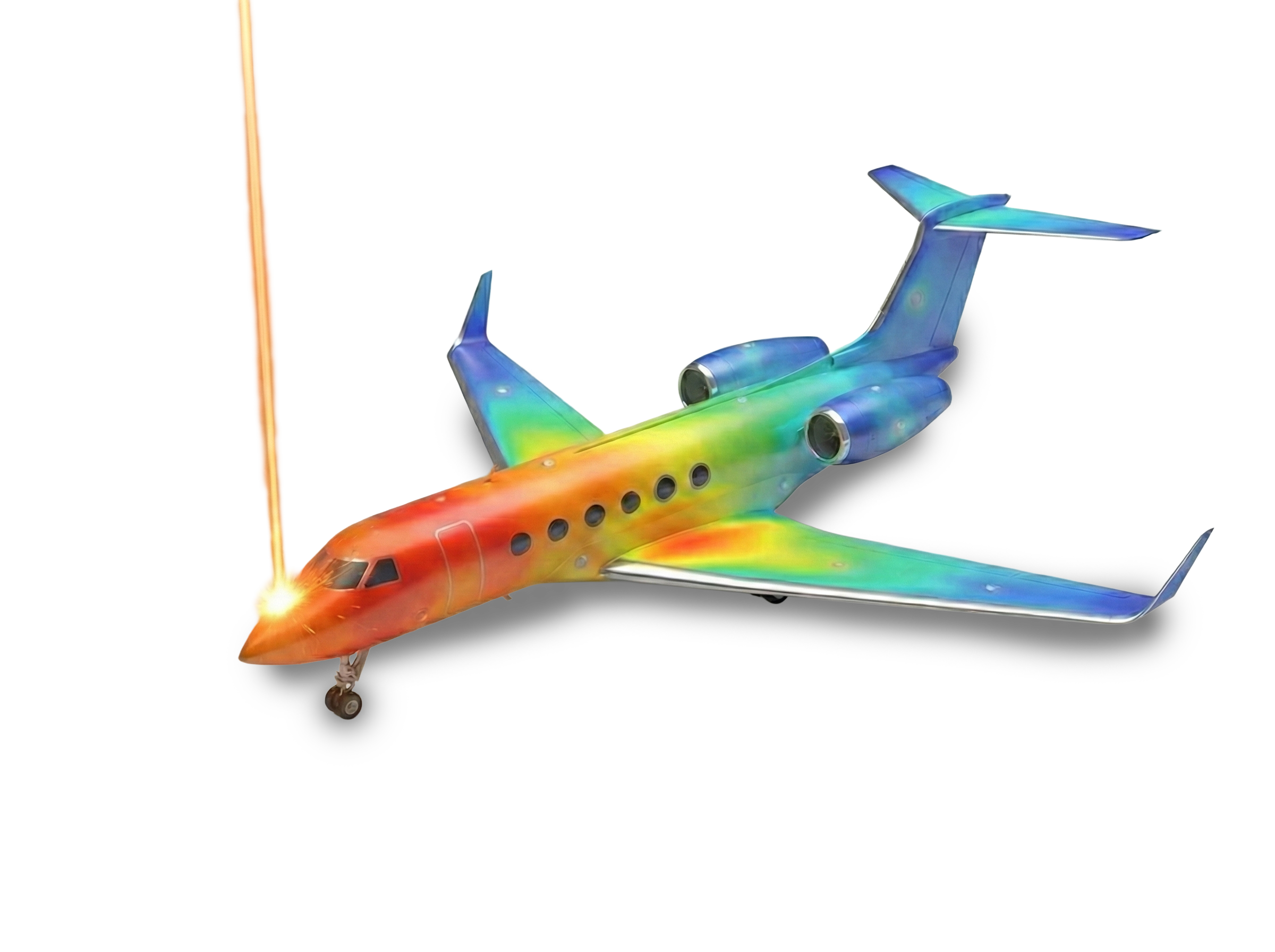 A colorful jet with heat map, a laser beam emits from the front