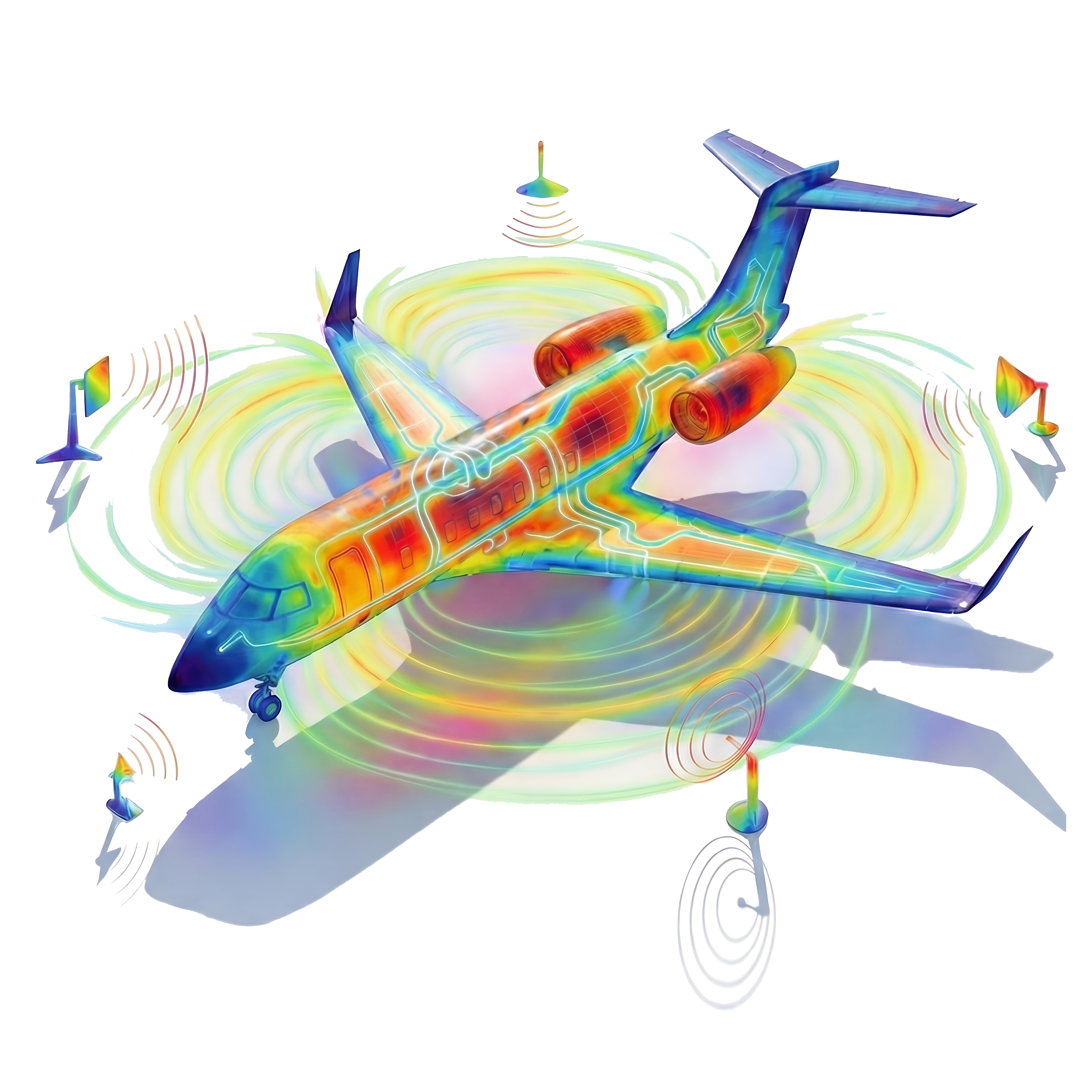 Colorful airplane illustration with heat map overlay, highlighting various design elements in air.