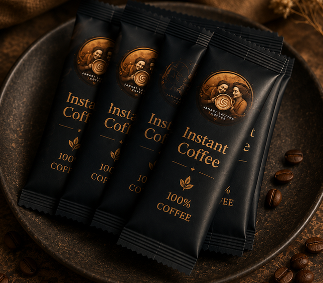 Sachets of Seven Mornings Instant Coffee in a bowl.
