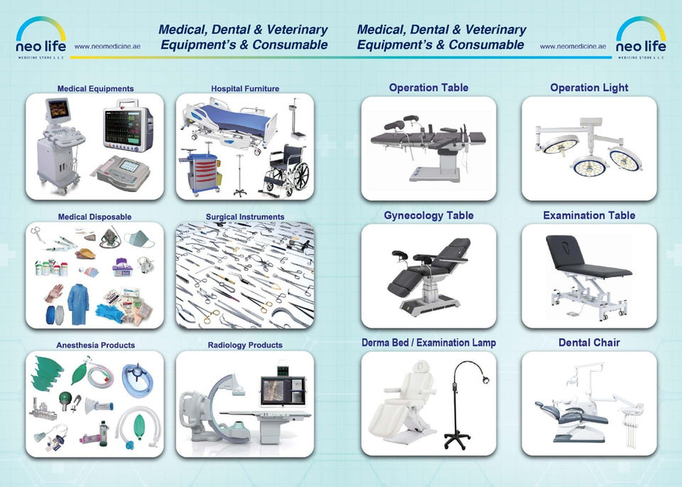 Medical Equipment, Dental & Veterinary Equipment's & Consumable products and items display.