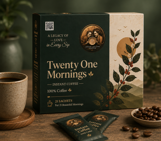 Twenty One Mornings Instant Coffee box with sachets