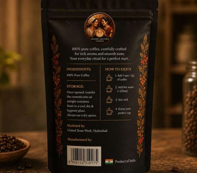 Back of Shared Mornings coffee bag with instructions
