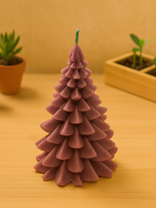 Decorative Christmas tree candle with small plant and wooden background HOME PAGE