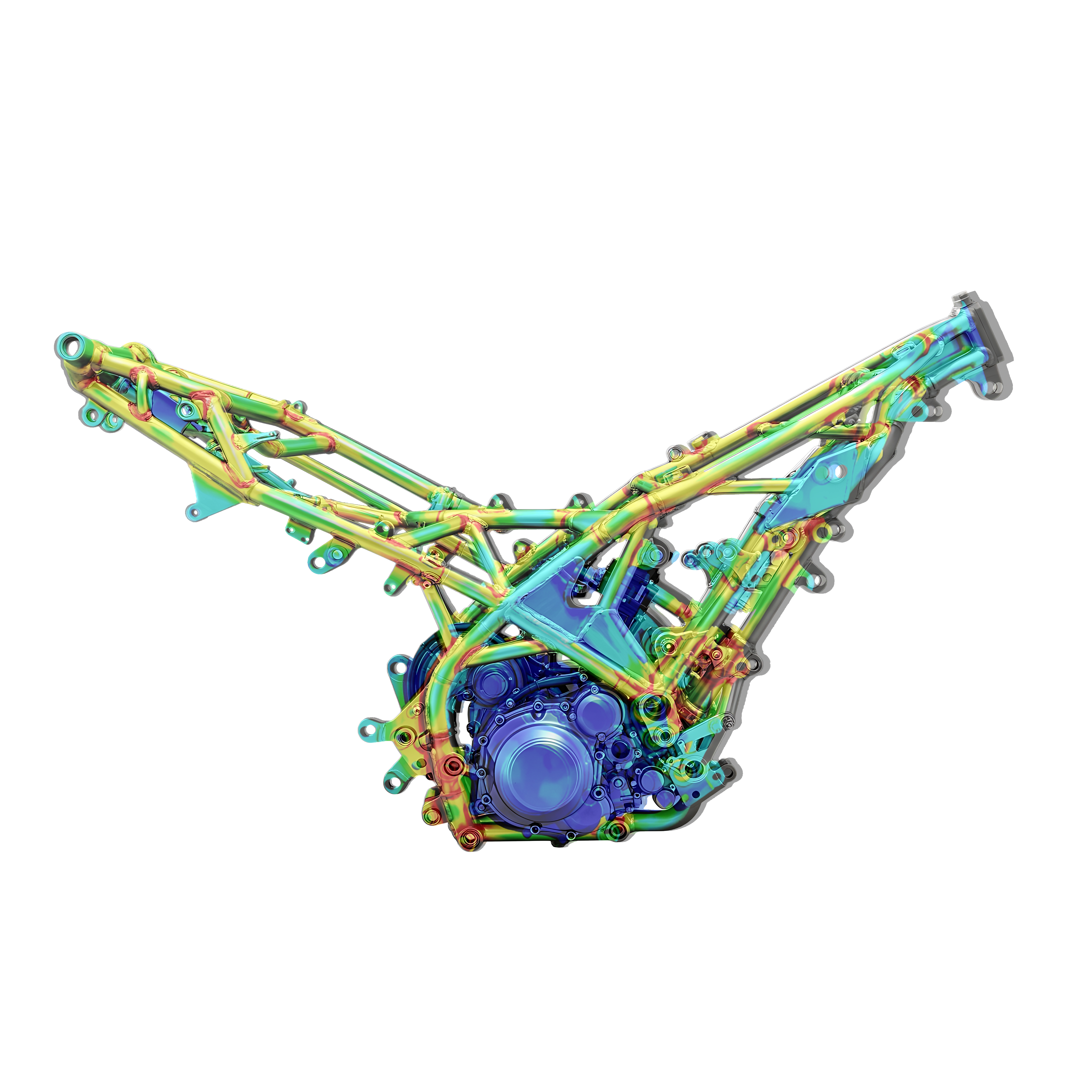 Motorcycle frame design with multiple colors showing the structure and engine.