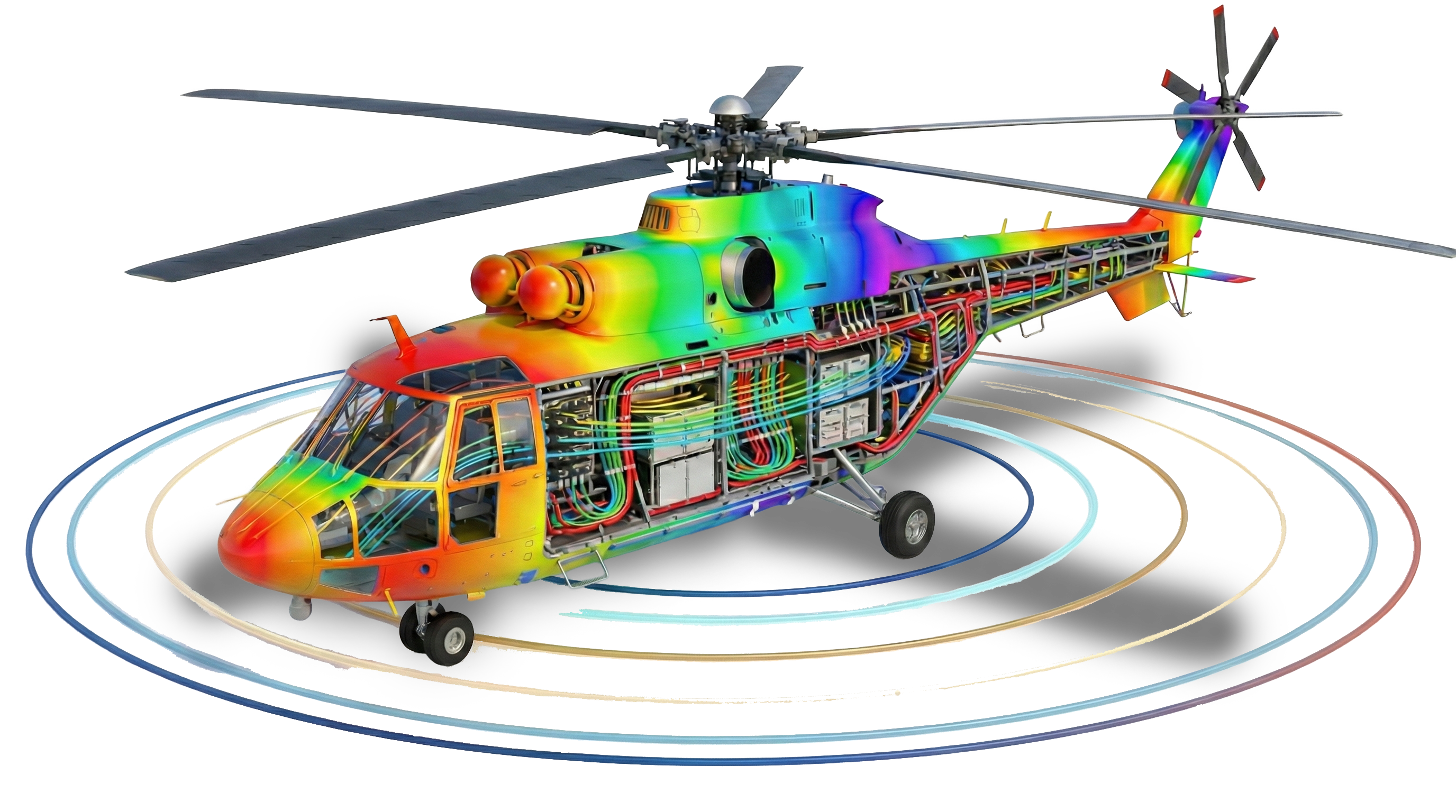 Rainbow-colored helicopter, cutaway view showing internal components and details of the aircraft.