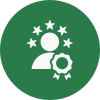 White person icon with stars and a badge, representing customer success. Esgtech