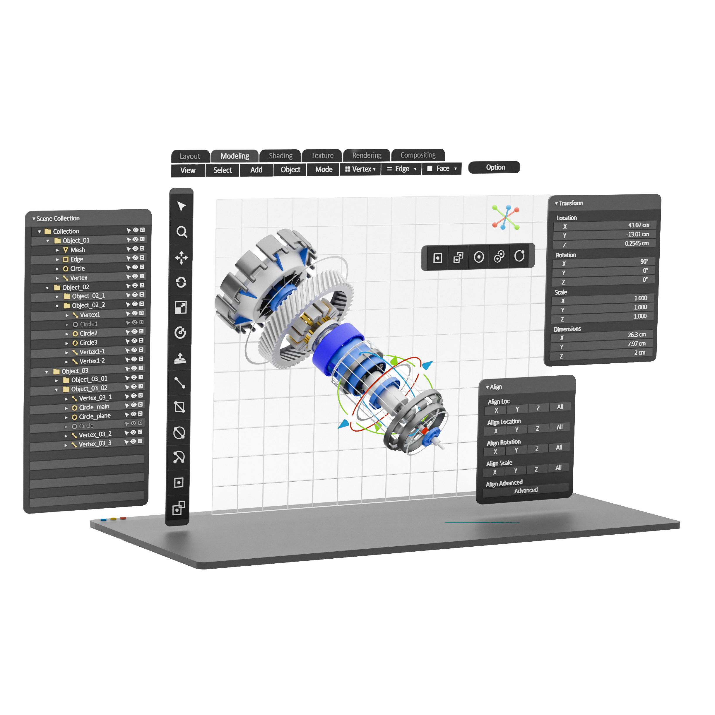3D modeling software interface displays a mechanical component with design tools.