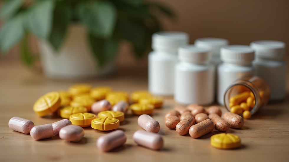Close-up view of a variety of health supplements on a wooden table