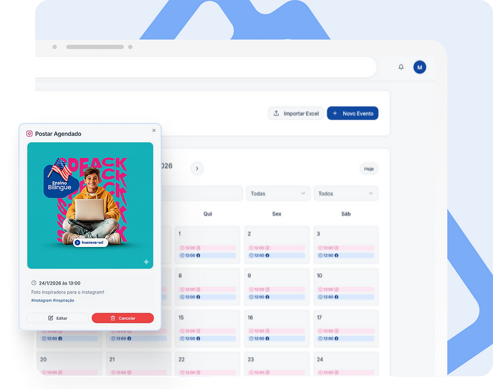Interface de agendamento de posts com prévia de mídia social e calendário.