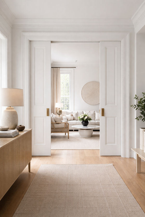 Contemporary living space with pocket doors within the wall, creating flexible open-plan flow.