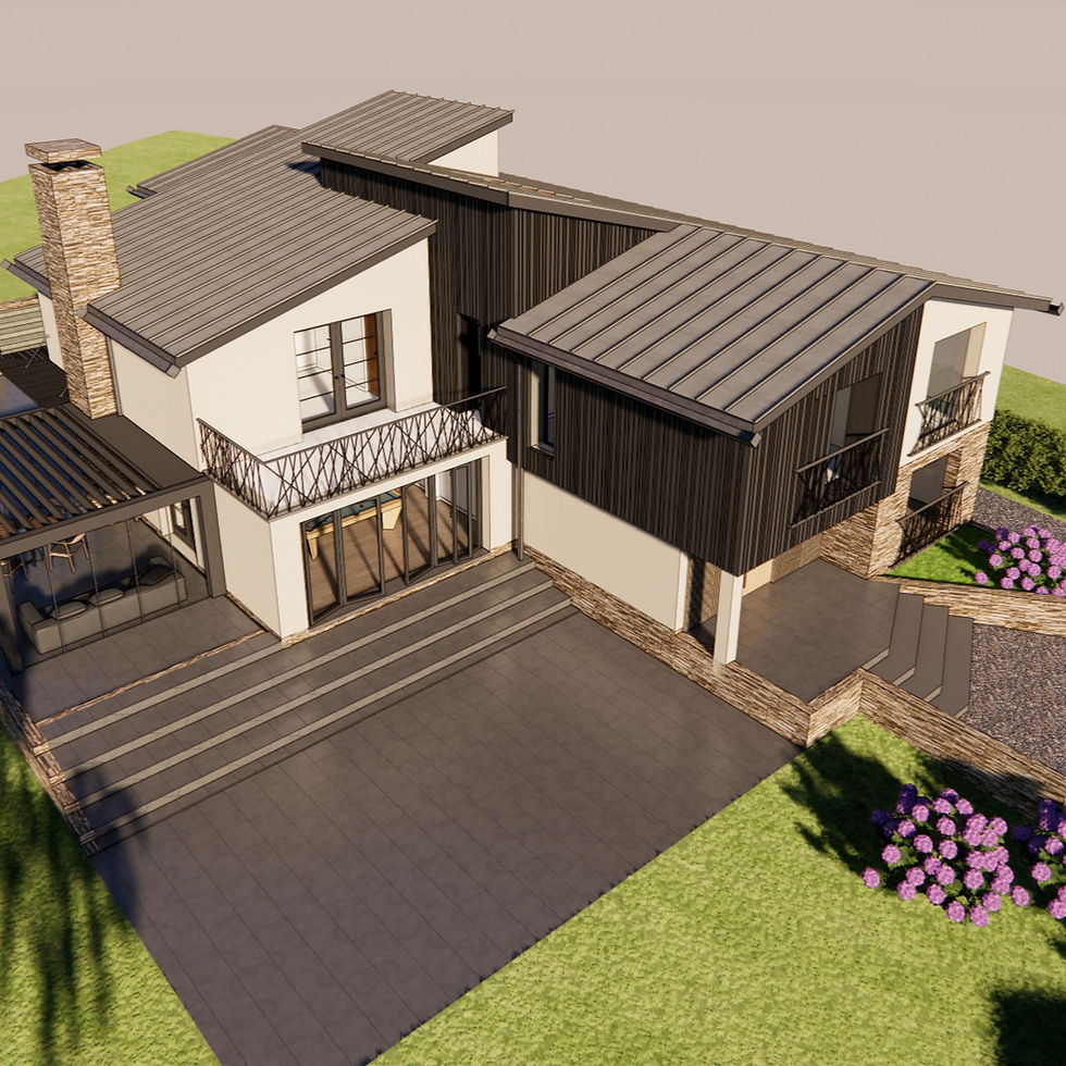 3D architectural render showing the early concept design stage for a modern residential extension, with clean lines and considered massing