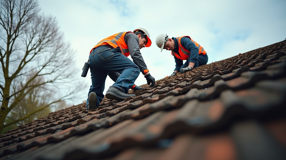 Eye-level view of a roofing team inspecting a residential roof in Hendon