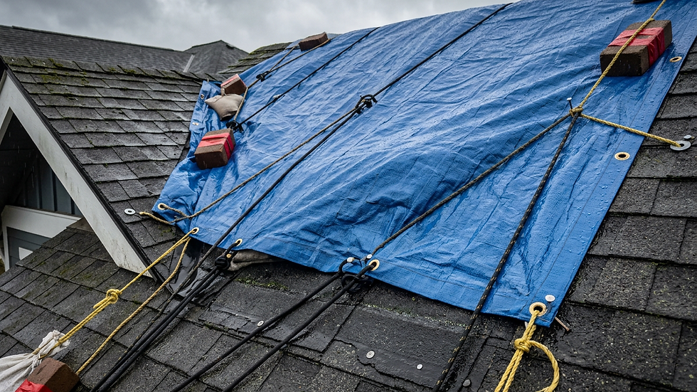 Close-up view of a roof covered with a blue tarp for emergency repair