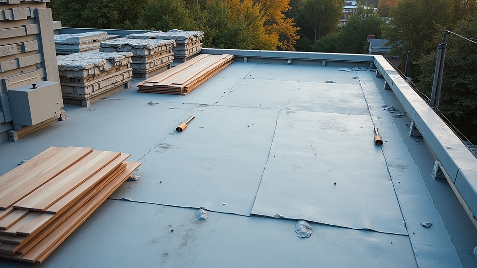 High angle view of roofing materials laid out on a flat roof ready for installation