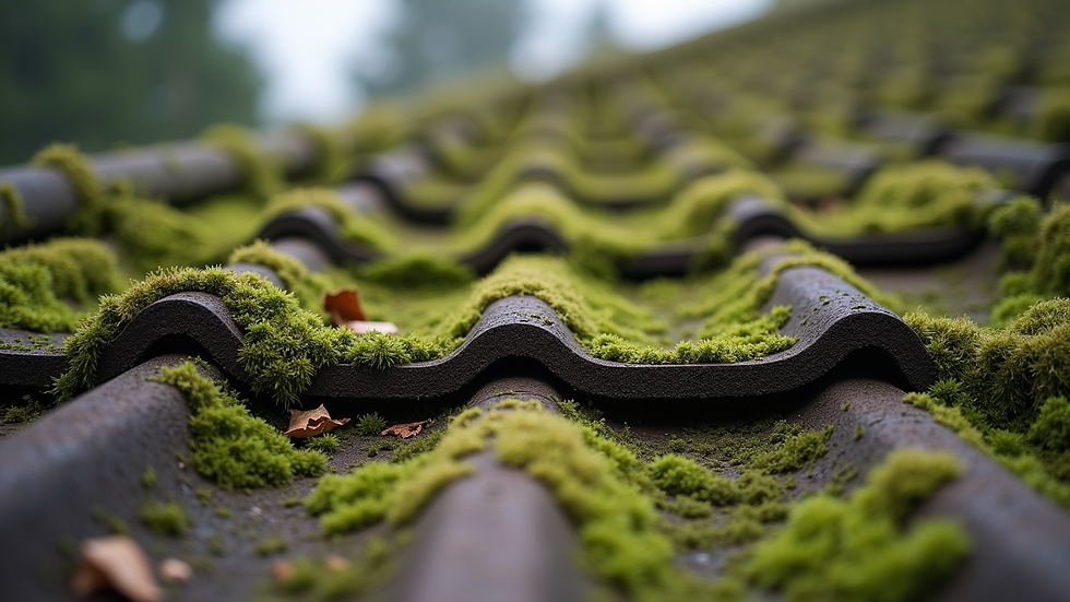 Close-up view of roof tiles with moss removal in progress