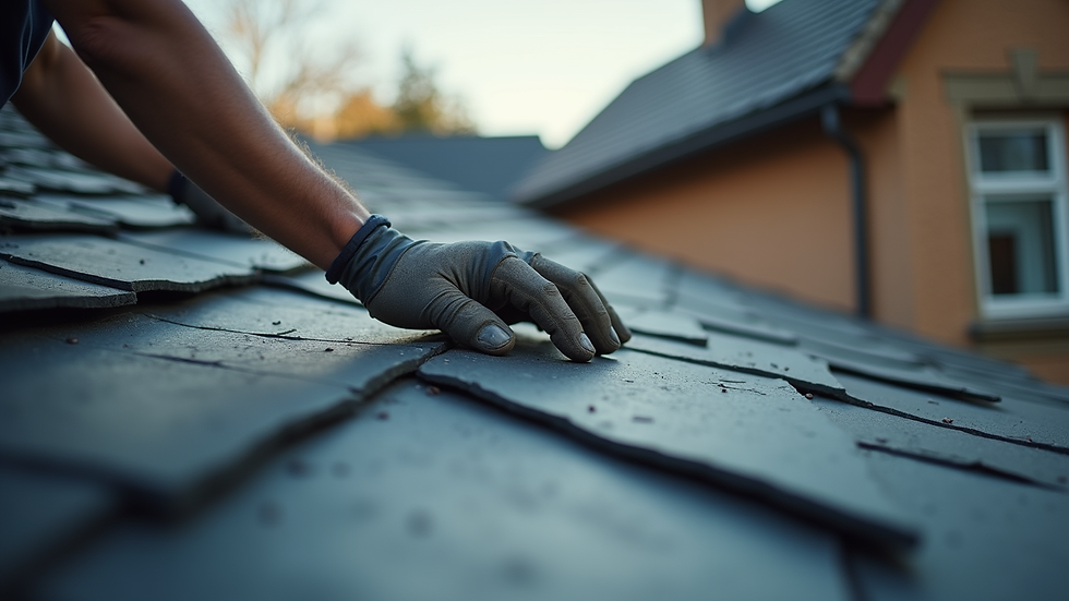 Close-up view of a roofer fixing a slate tile on a residential roof
