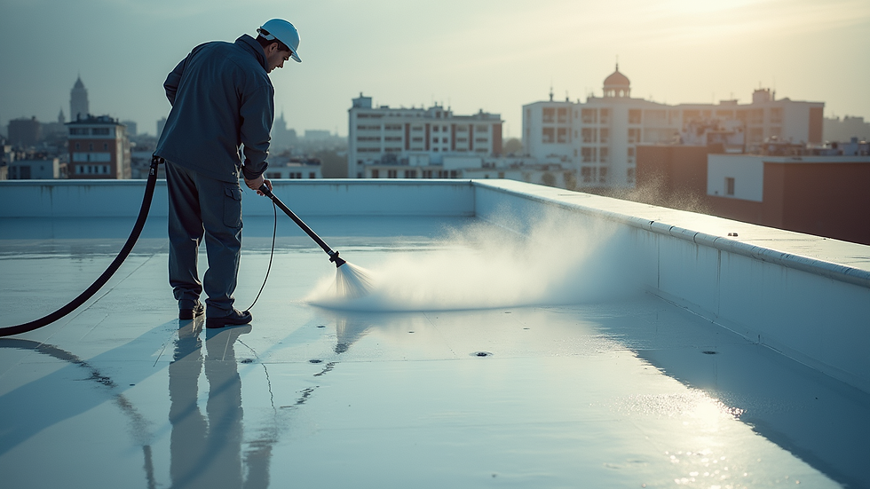 High angle view of a professional cleaner using soft wash equipment on a roof