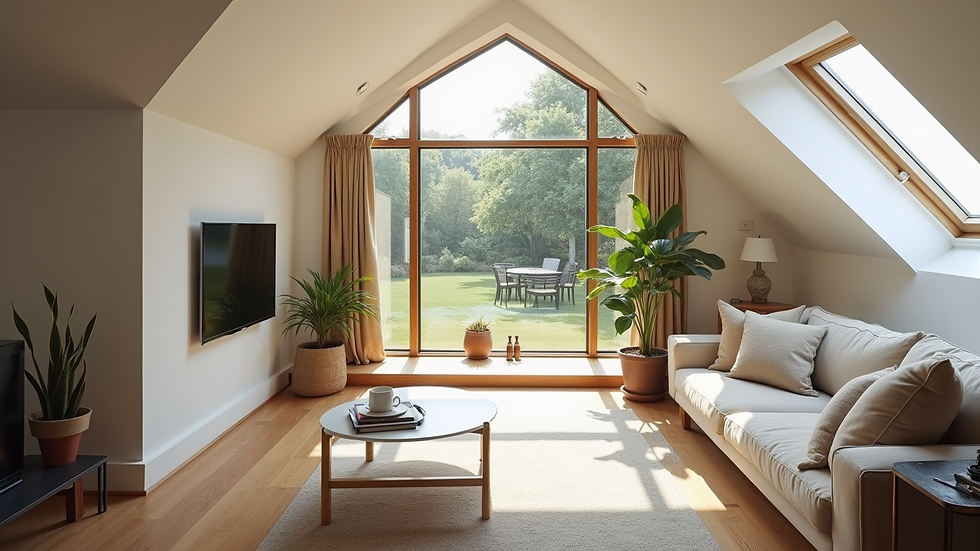 High angle view of a finished loft conversion with modern decor and natural light