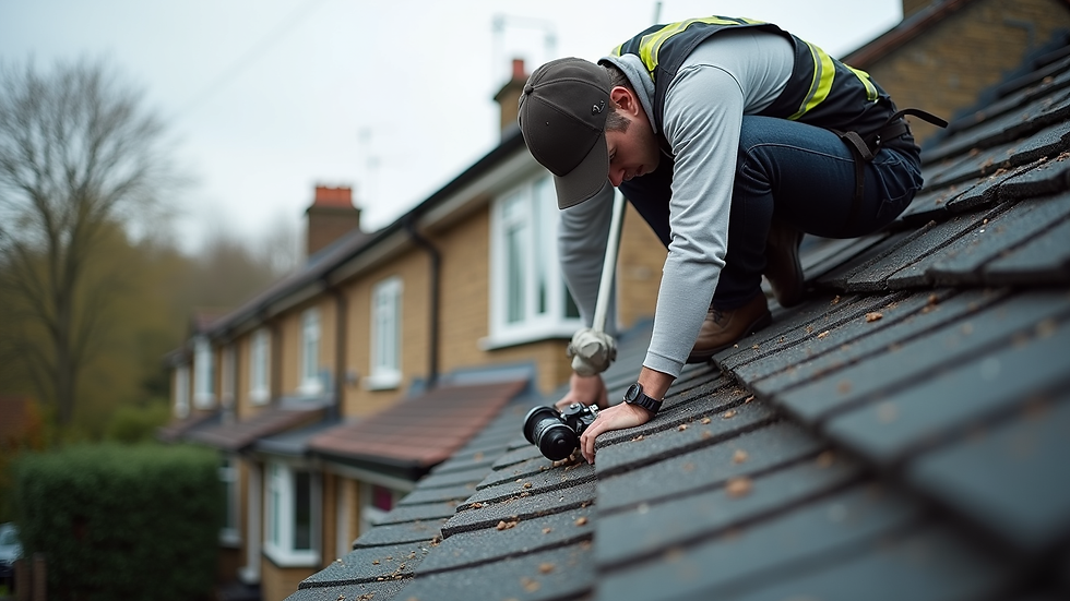 Eye-level view of a roofer inspecting a residential roof in North London