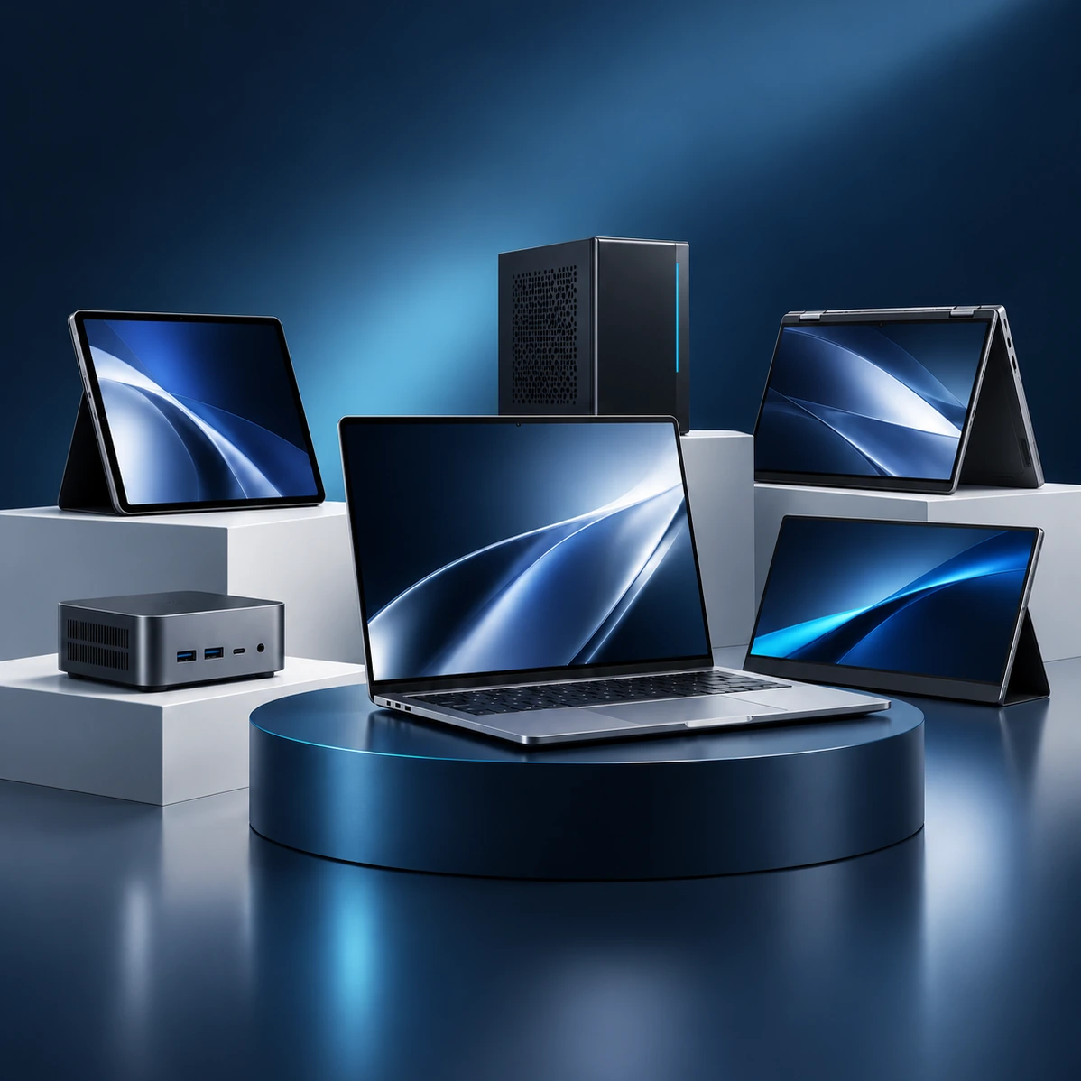 Conceptual illustration of laptops, a tablet, compact desktop PCs and a portable monitor.