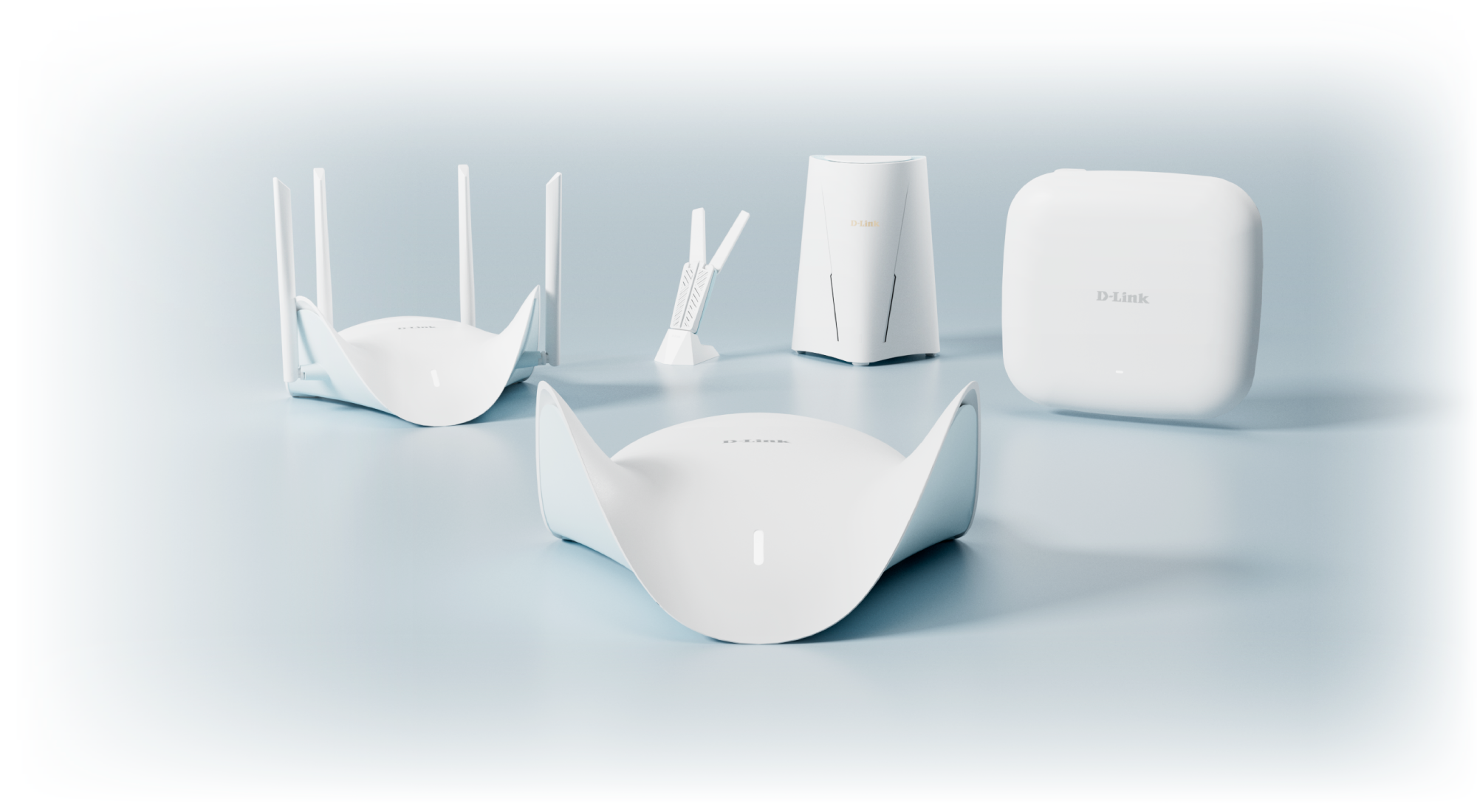 D-Link consumer networking products in a pale-blue studio composition.