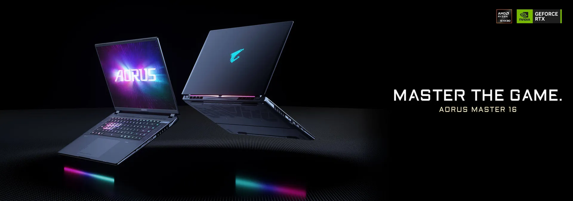 AORUS MASTER 16 notebook campaign showing the laptop from front and rear.