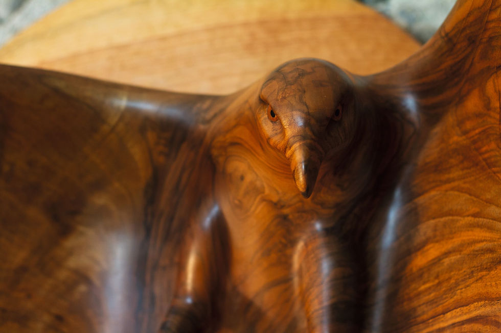 Miniature : Détail tête aigle royal . Sculpture en bois de Christian Delacoux, 98 cm de large.