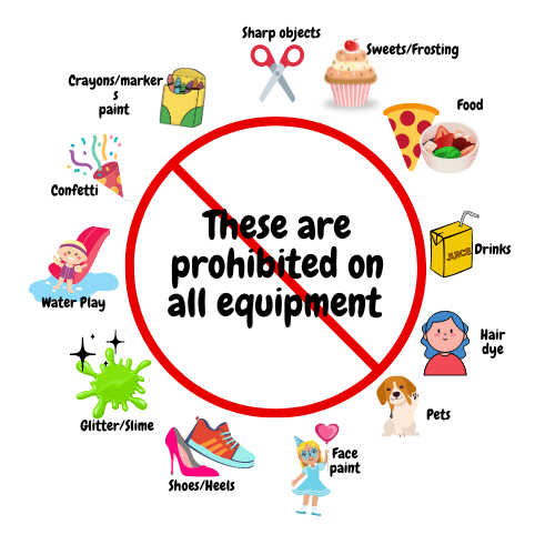 prohibition sign including pictures of things to not do in the soft play sets, including kids with hair dye/candy, sharp item
