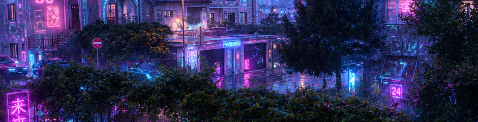 Futuristic cyberpunk city at night with neon lights