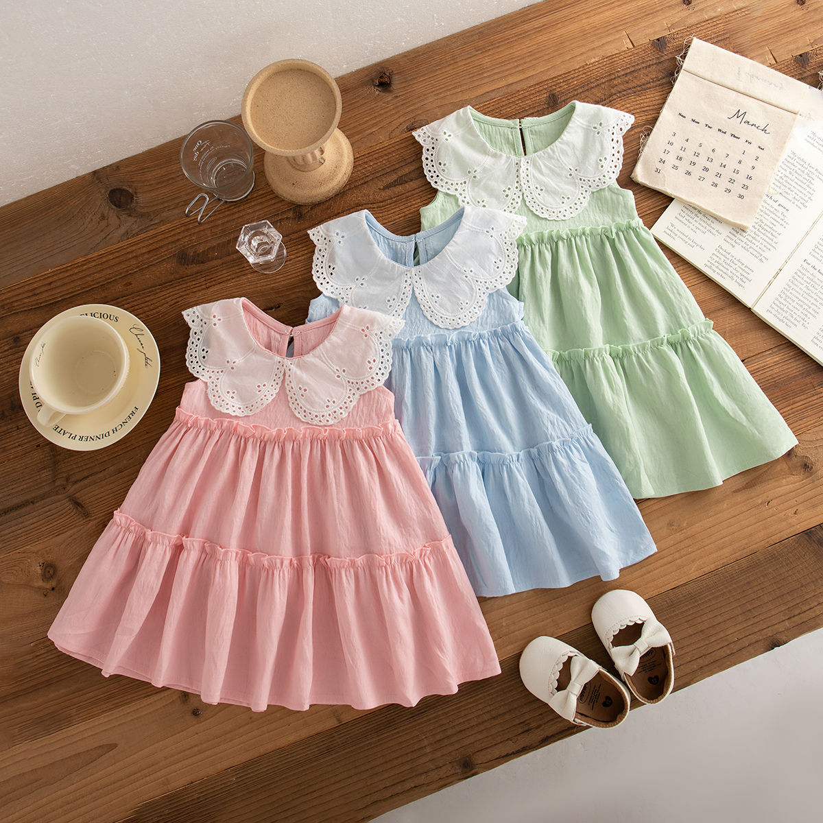 Baby Girl Clothes Summer Cotton Solid Color Lapel Sleeveless Baby Girl Dresses C