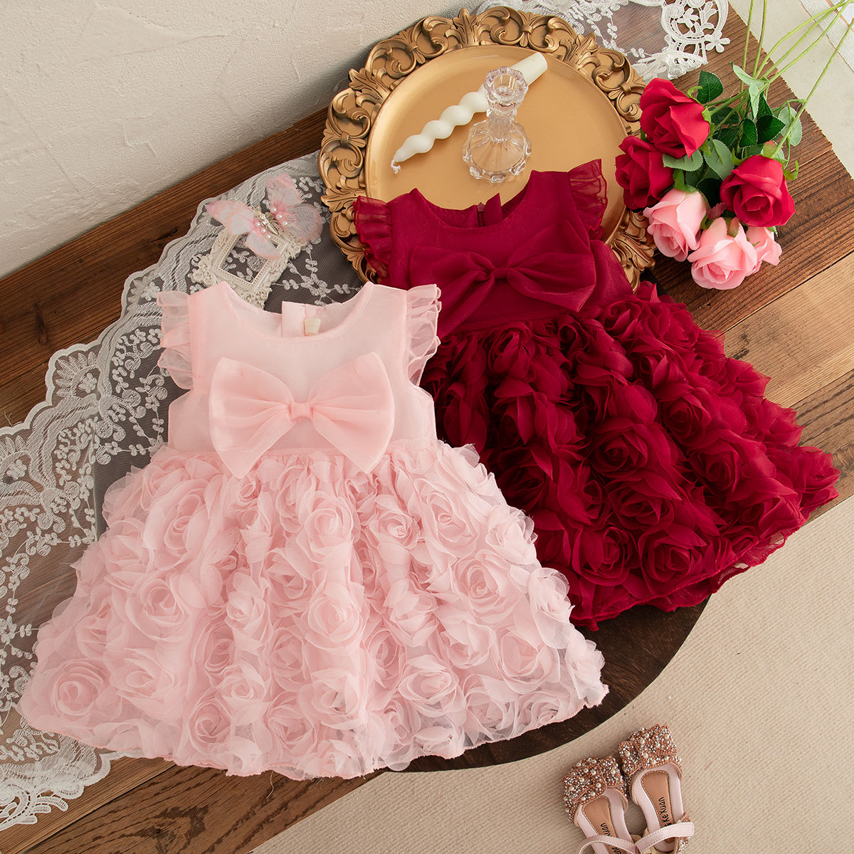 (0-3 Year Old Baby Girl Princess Dress) Summer New Red Bow, Rose Skirt, Children