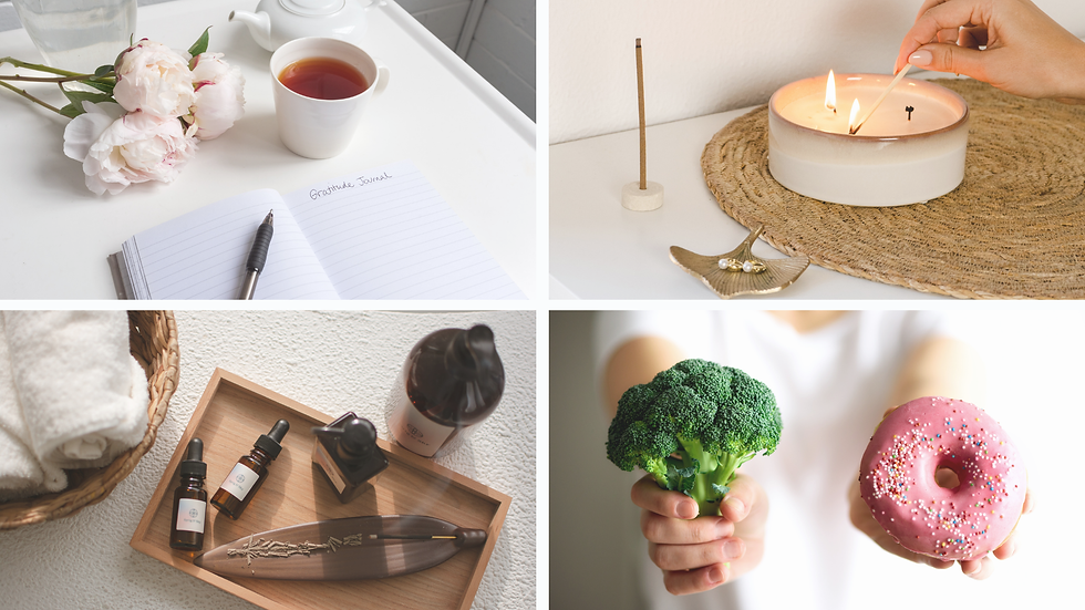 Collage of wellness-themed images: a gratitude journal with tea and flowers, a candle being lit, spa products with oils and incense, and hands holding broccoli in one hand and a pink donut in the other, symbolizing mindful decision-making for better health.