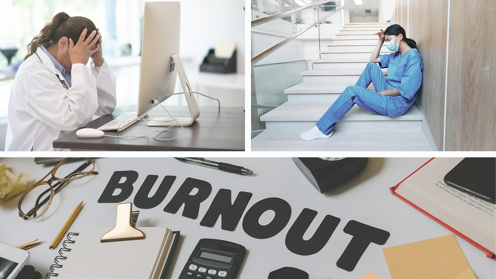 Collage of stressed healthcare workers with visible signs of fatigue, overwhelm, and exhaustion, alongside the word ‘Burnout’ — highlighting the emotional and physical toll of healthcare burnout.