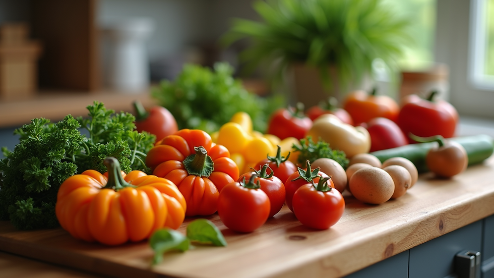 Close-up view of colorful ingredients arranged on a wooden kitchen table