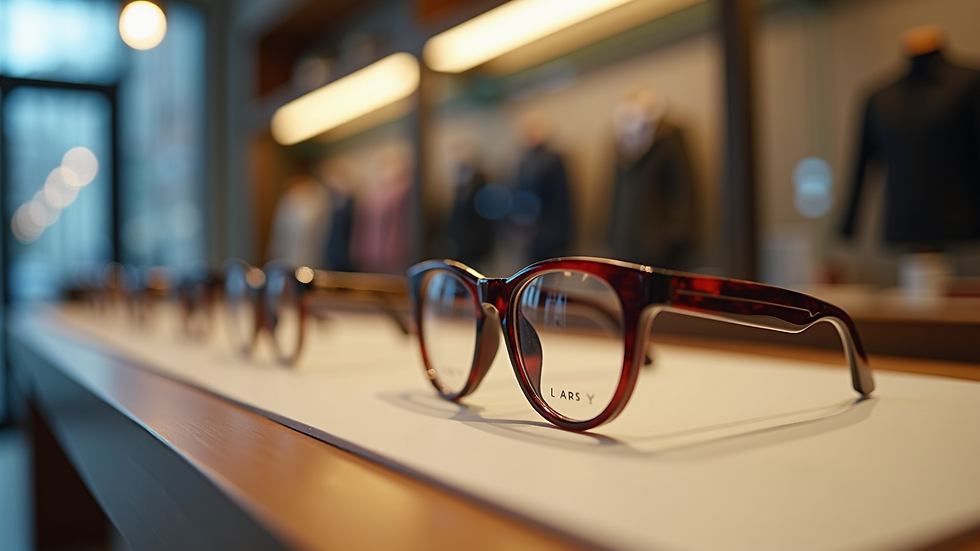 Eye-level view of a display of various designer eyewear frames