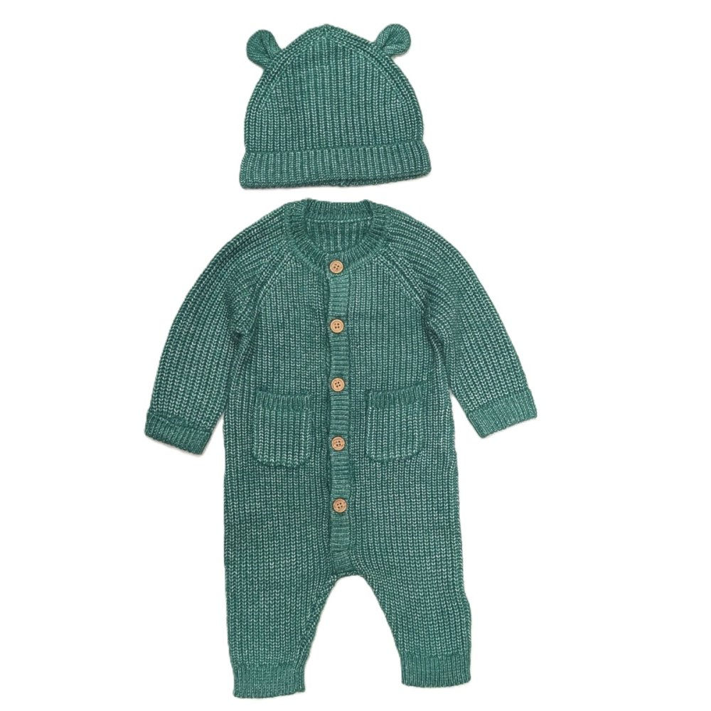 BABY RIB KNIT RAGLAN SLEEVE ALL IN ONE AND HAT OUTFIT- GREEN