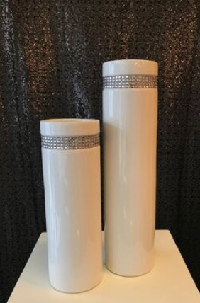 White Cylinder Vases with Rhinestone Trim