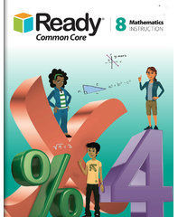 Ready Common Core Math product image featuring a male and female student standing on top of colored mathematics symbols (i.e., x, %) and the number 4.  