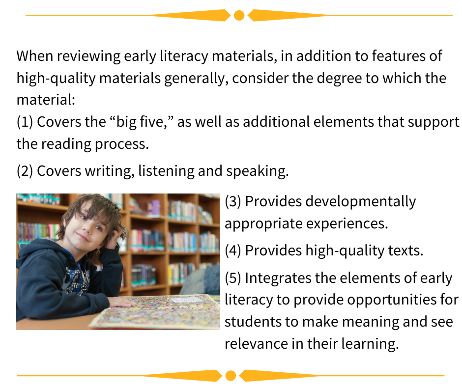 Picture of young boy sitting in the Early Literacy section of a library. The text around him provides five indicators of instructional quality to look for when reviewing early literacy materials.