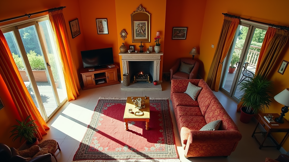 High angle view of a living room featuring traditional Punjabi decor and vibrant colors