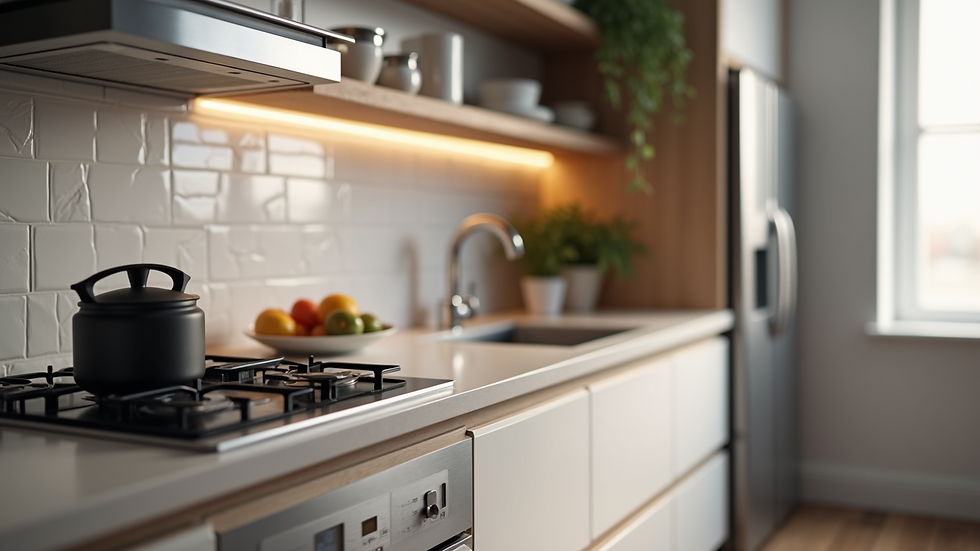 Close-up view of a stylish kitchen design with modern appliances