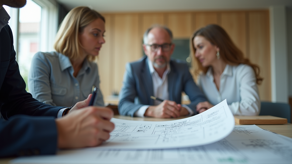 Eye-level view of a professional interior designer discussing plans with a client