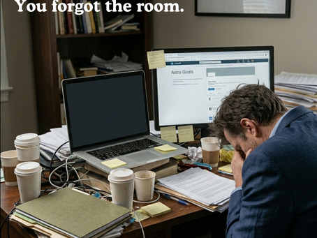 Man in a suit sitting at a messy desk preparing for an interview, with text reading “You studied the job. You forgot the room.