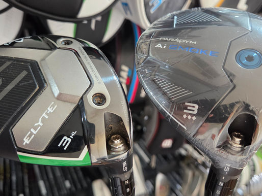 Pre-owned Callaway golf clubs showing different generations of fairway wood technology