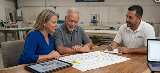 Consultant reviewing blueprints with clients at a desk.