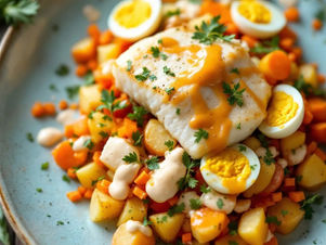 pescada com salada de batata e cenoura