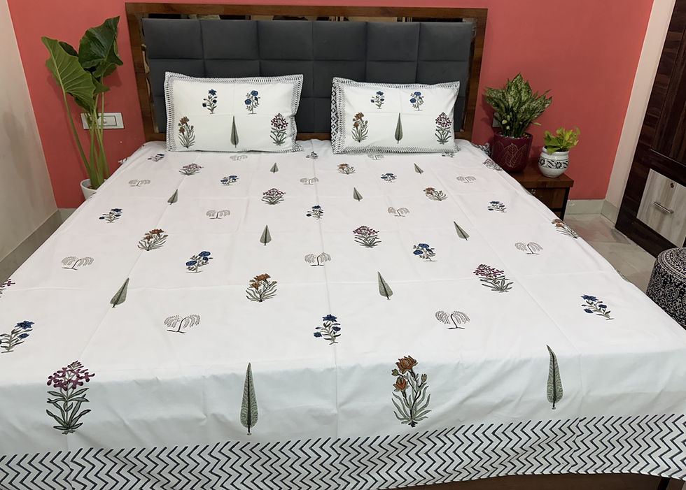 Thumbnail: White Floral - Hand Block Print Bedsheet