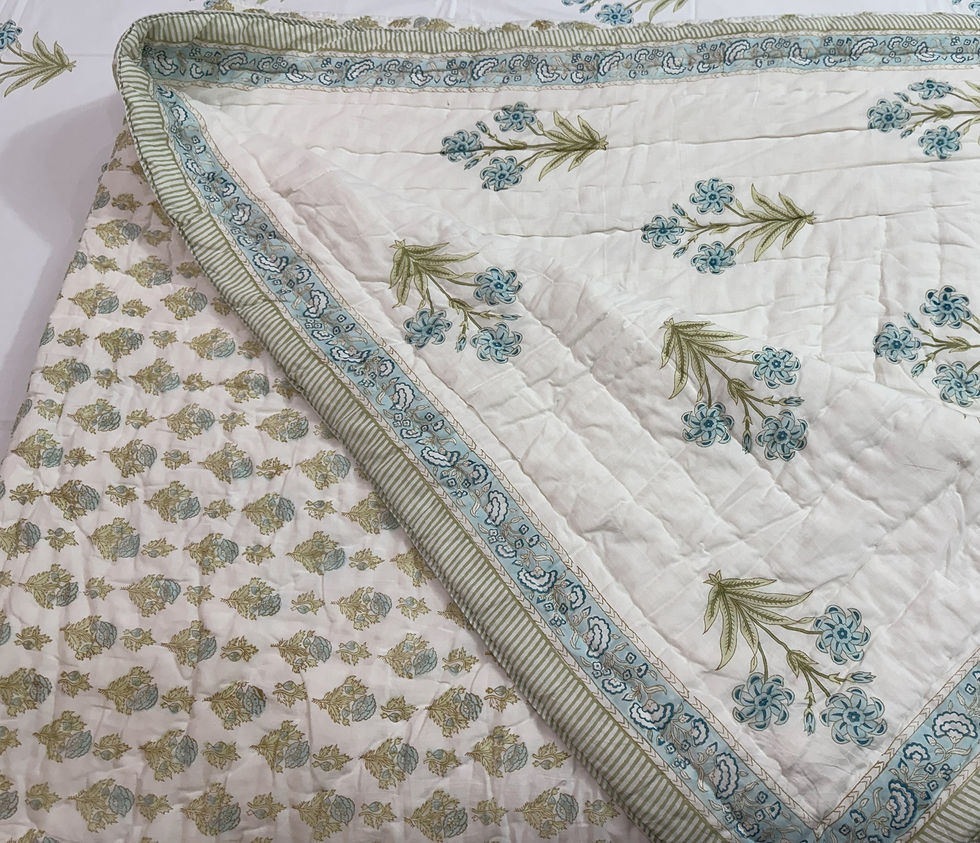 Thumbnail: Azure Blossom- Hand Block Quilt/Jaipuri Razai (100% cotton, Mulmul) Size 90*108"