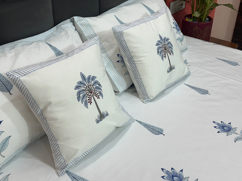 Thumbnail: Palm Serenity -hand block printed cotton cushion cover